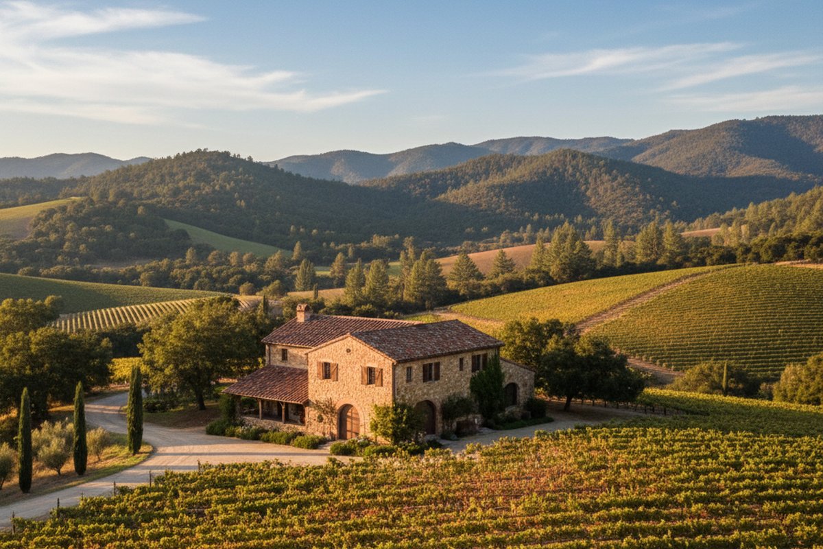 Stone farmhouse with vineyard near St Helena, Napa Valley, with the Mayacamas hills; illustrative, not a photograph of the listed property