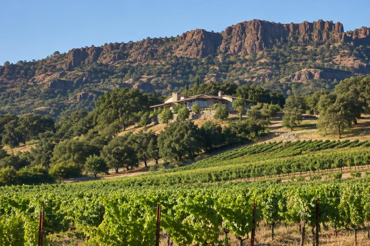 Hillside house beneath the rocky palisades of the Stags Leap district, Napa Valley, with vineyards; illustrative, not a photograph of the listed property