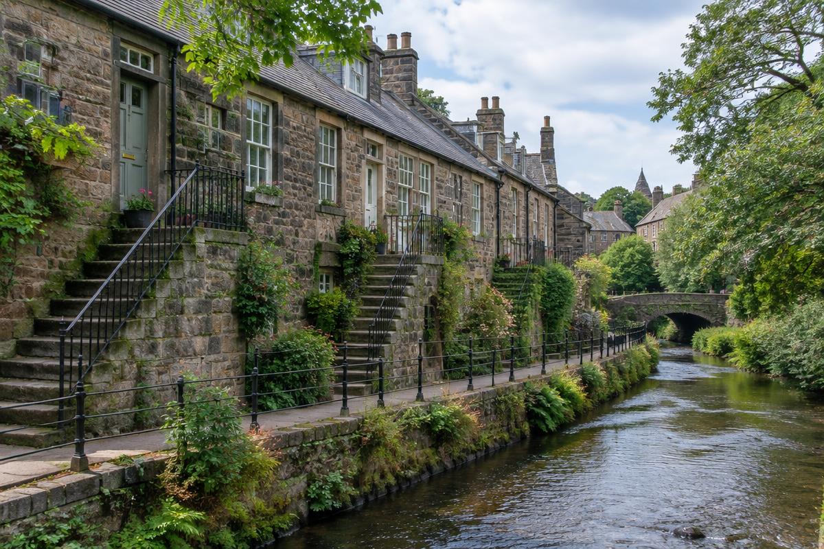 Stone terraced cottages with outside stairs in the Stockbridge Colonies beside the Water of Leith, Edinburgh; illustrative, not a photograph of the listed property