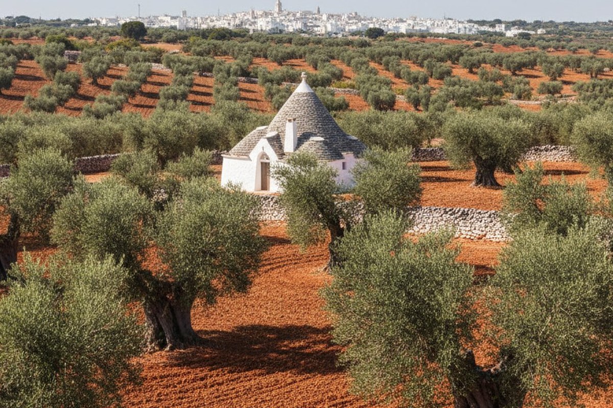 Single trullo with conical stone roof among olive groves and red earth in the Ostuni countryside; illustrative, not a photograph of the listed property