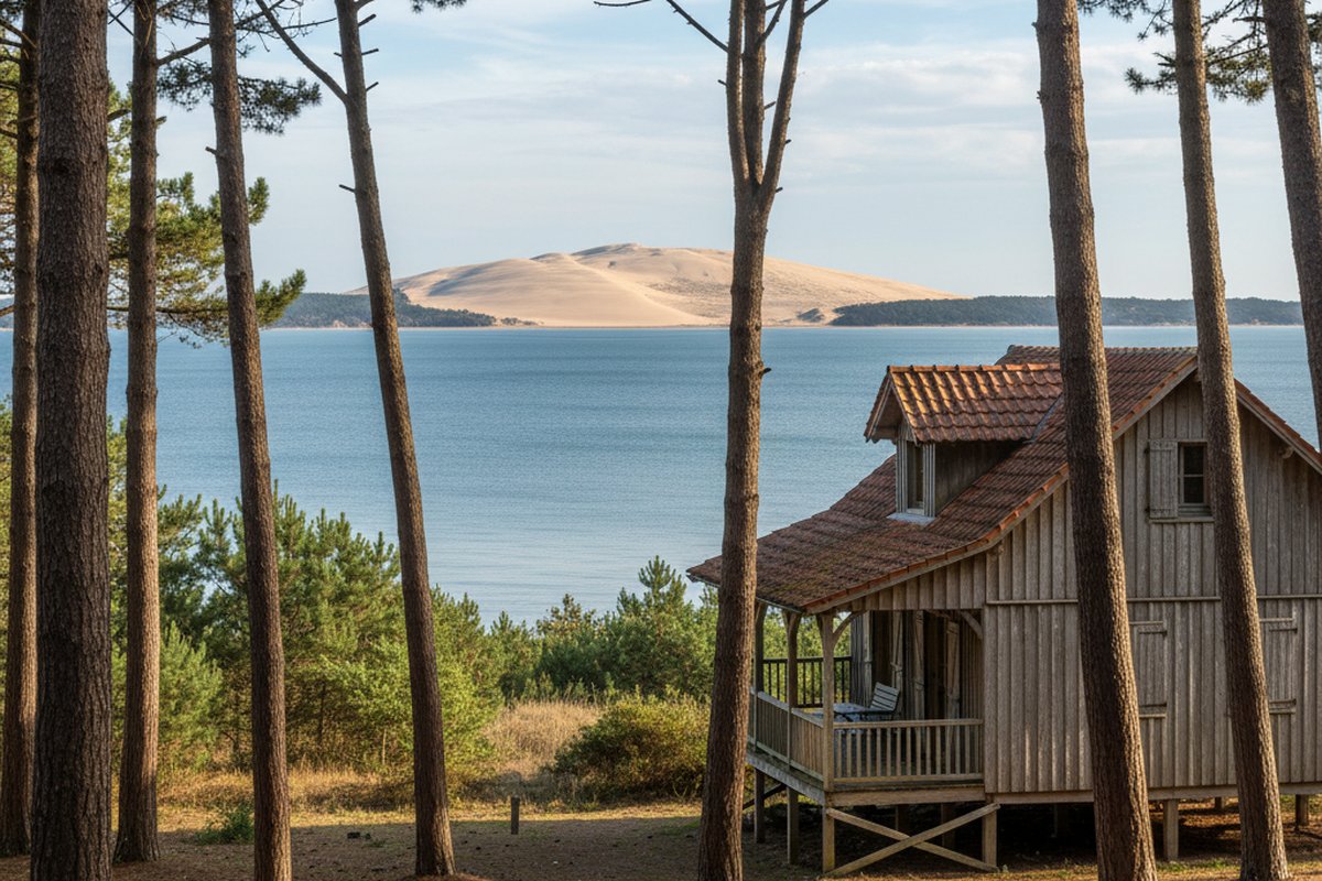 Timber villa among pines facing the Arcachon basin at Le Canon, Cap Ferret, with the Dune du Pilat across; illustrative, not a photograph of the listed property