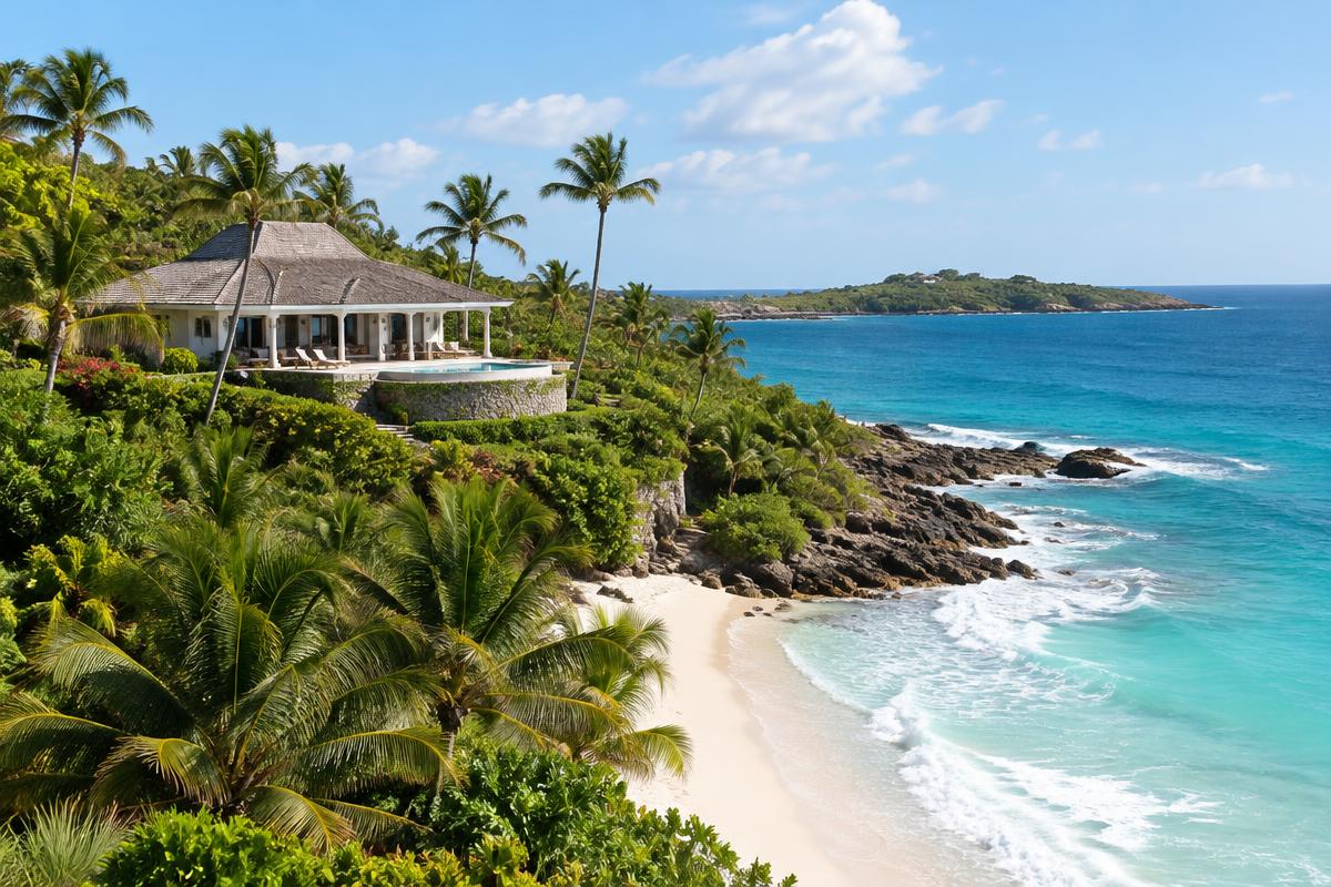 Caribbean villa above the surf of Macaroni Beach, Mustique, with sea-grape trees; illustrative, not a photograph of the listed property
