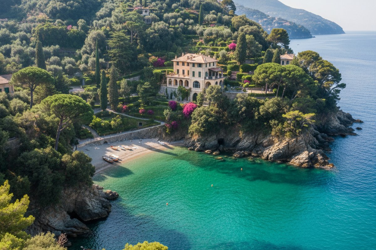 Villa on the wooded slope above the emerald cove of Paraggi, near Portofino; illustrative, not a photograph of the listed property