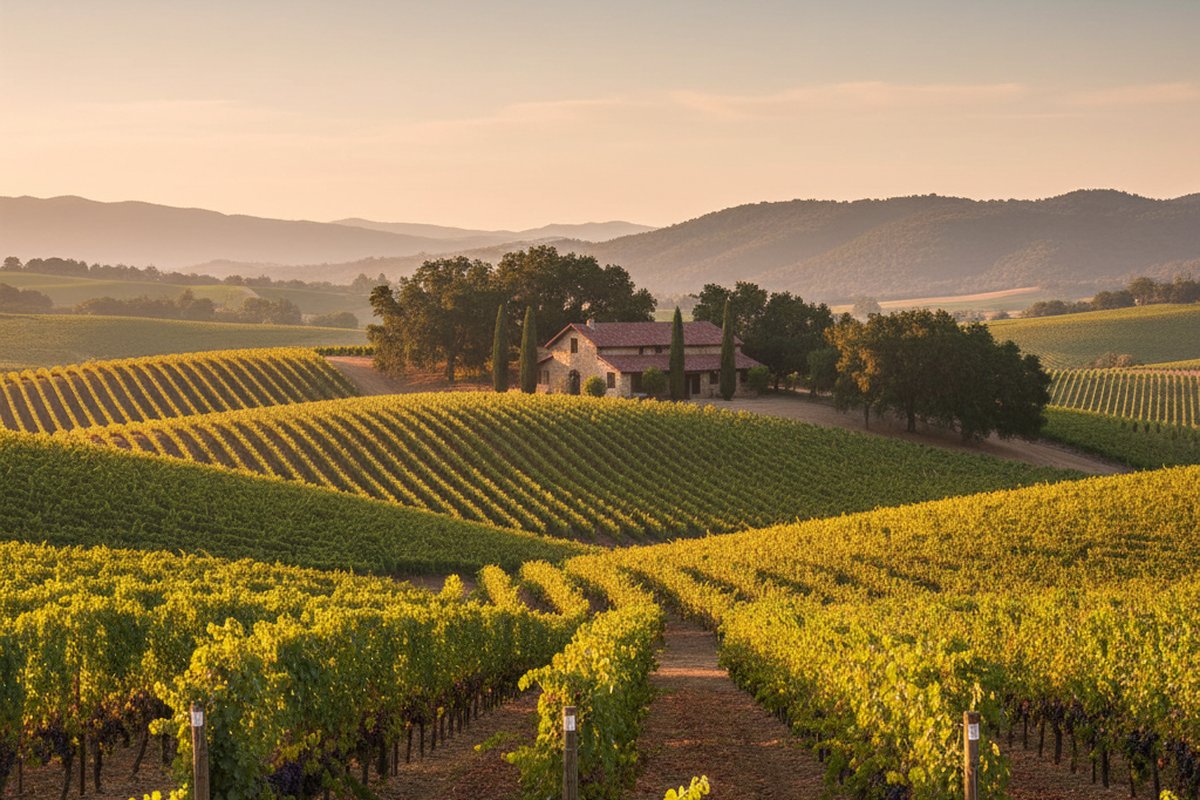 Farmhouse among vineyard rows at Rutherford, Napa Valley, at golden hour; illustrative, not a photograph of the listed property