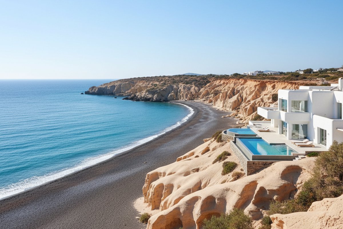 Contemporary Cycladic villa near the sculpted pumice cliffs and dark sand of Vlychada, Santorini; illustrative, not a photograph of the listed property