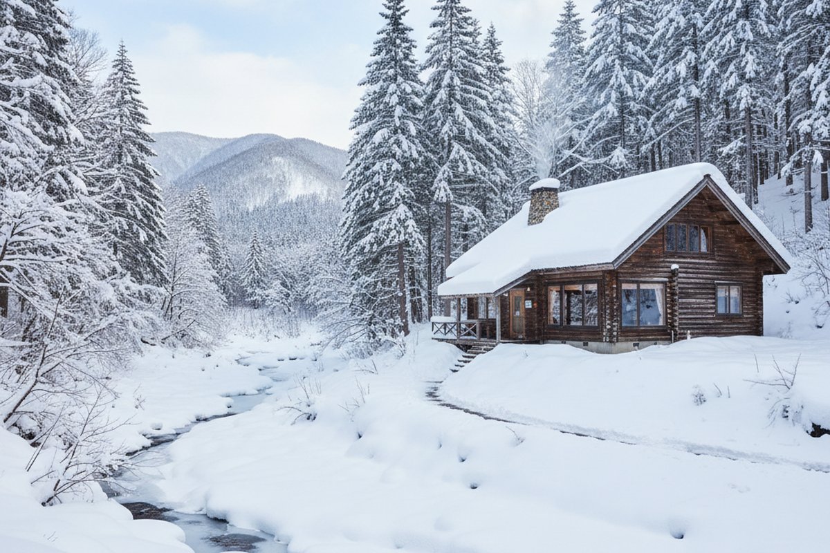 Timber chalet in snowy Wadano forest, Hakuba, among tall cedars; illustrative, not a photograph of the listed property