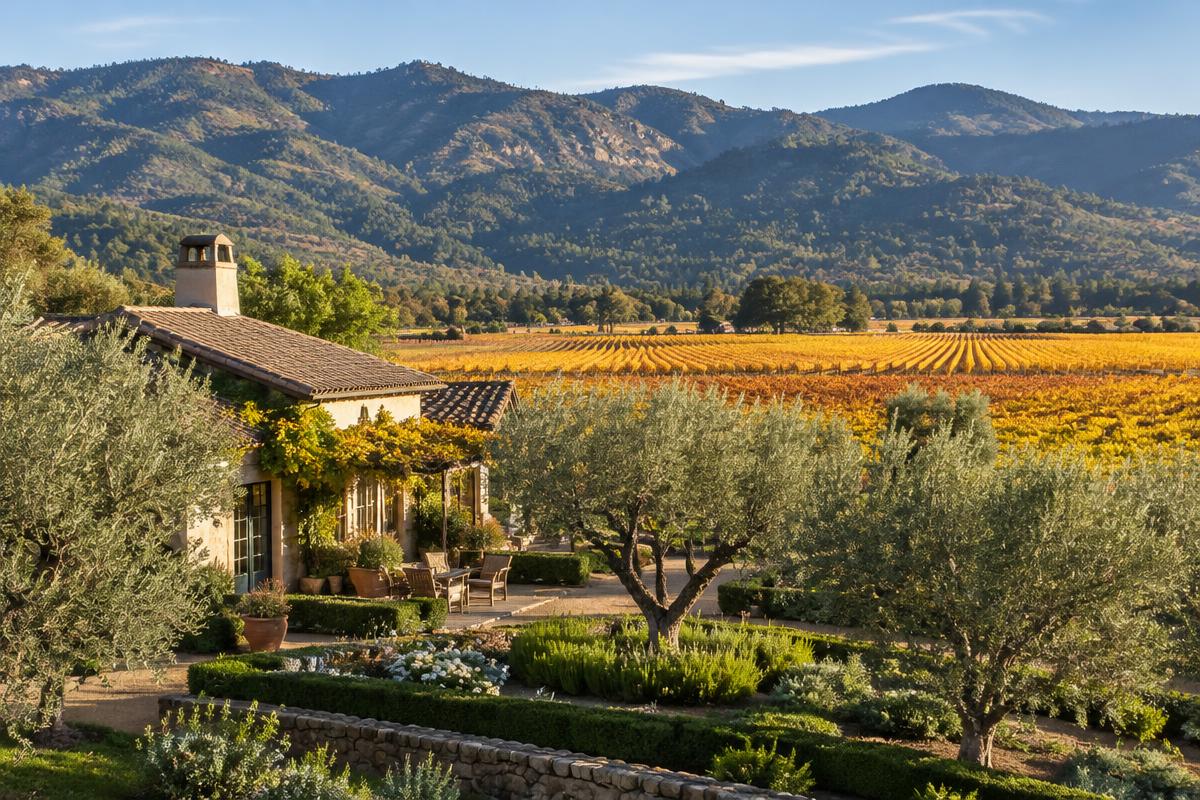 Garden villa with olive trees and lavender in Yountville, Napa Valley; illustrative, not a photograph of the listed property