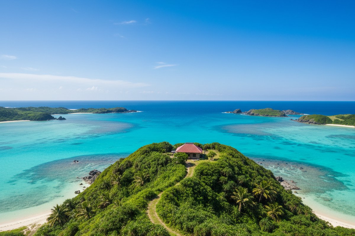 House on a green ridge above the turquoise bays of Zamami island, Kerama Islands, Okinawa; illustrative, not a photograph of the listed property