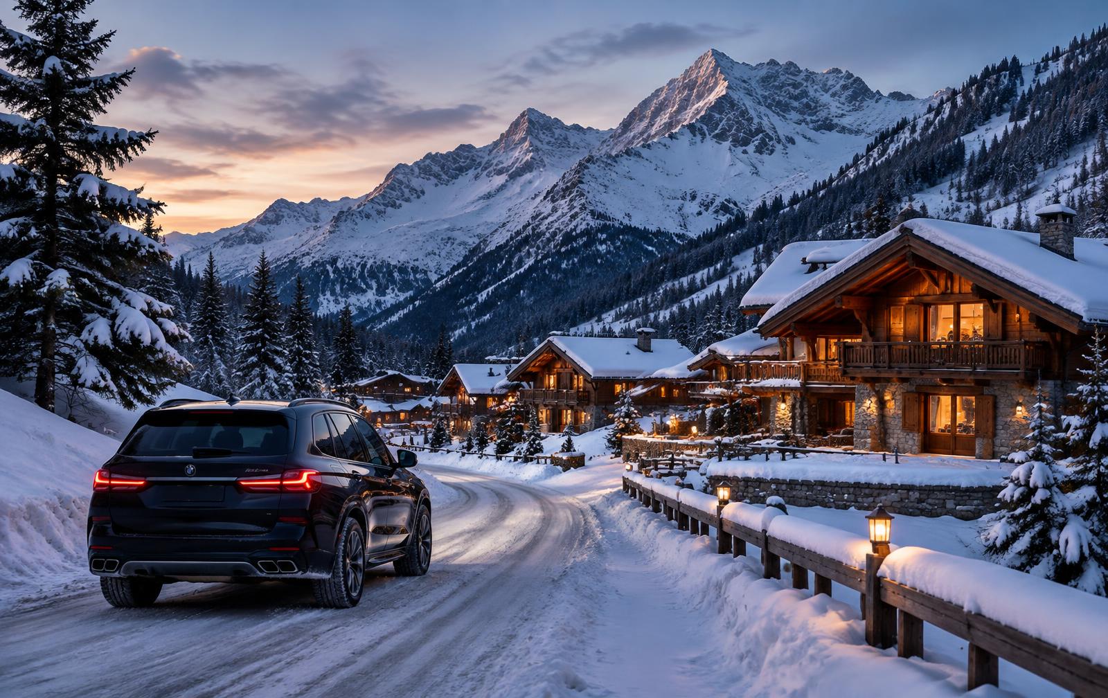 Illustrative photograph of a car outside a chalet in snowy mountains