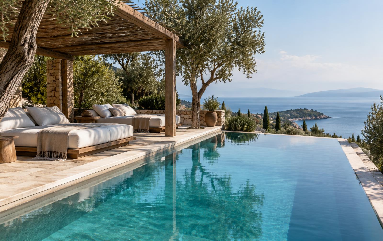 Illustrative photograph of a private pool and loungers overlooking the sea